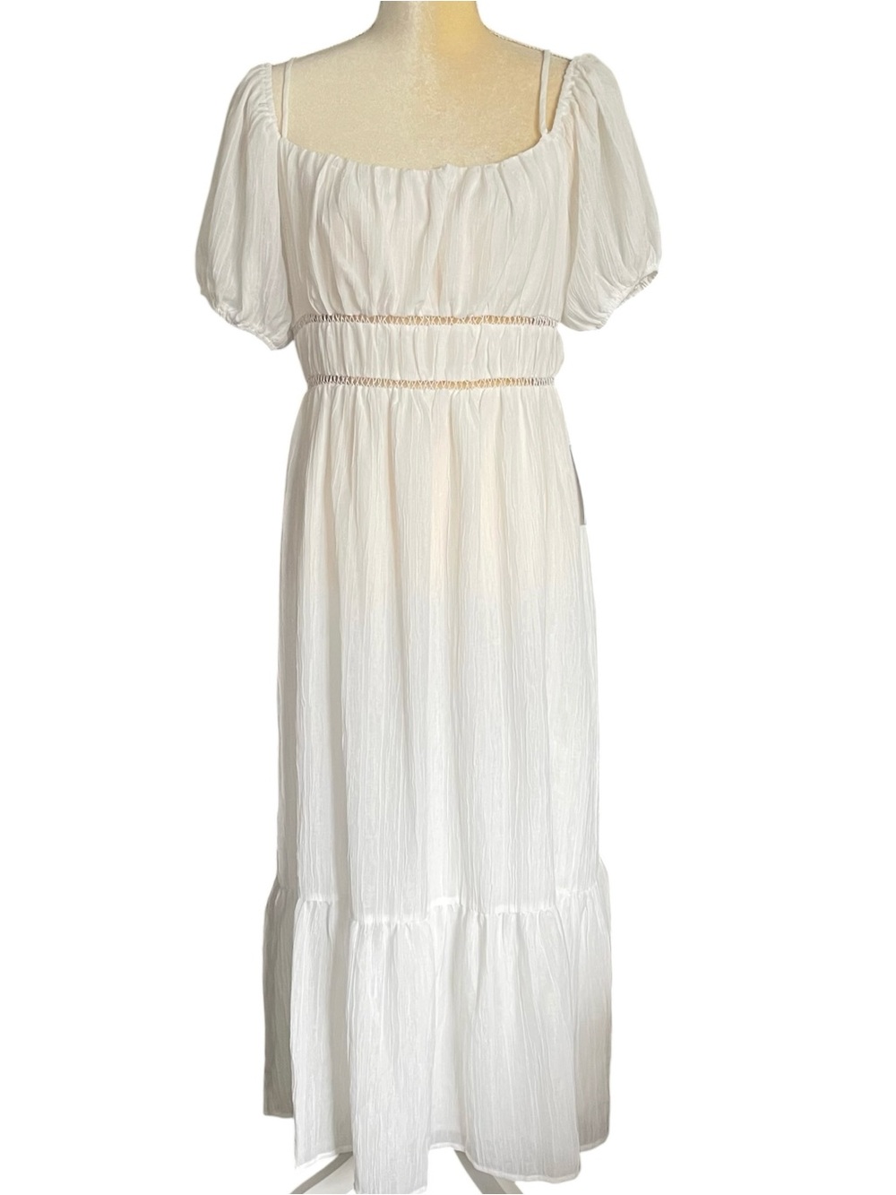 ASTR White Puff Sleeve Tiered Maxi Dress with Front Slit